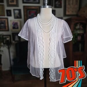Vintage 70s Sedu Sheer Pink Lace Trim Short Sleeve Kimono Robe One Size